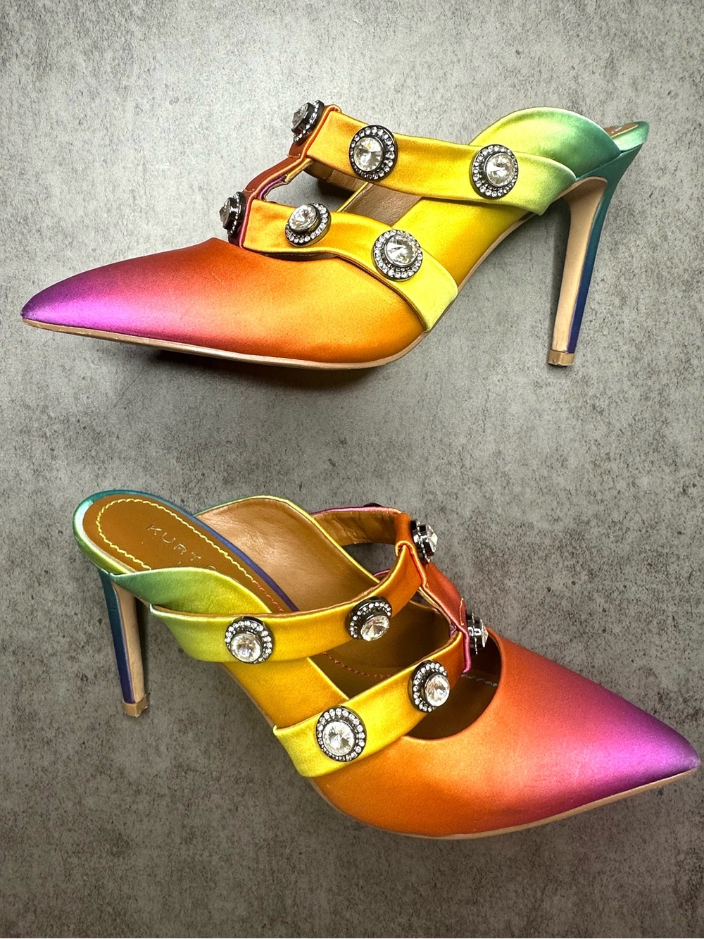 Kurt Geiger Rainbow Ombré Satin Pointed-Toe Mule Heels with Jeweled Straps - Picture 2 of 7
